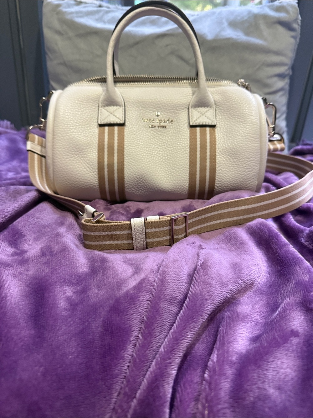 kate spade Cream Pebbled Leather Crossbody with Tan Striped Webbing